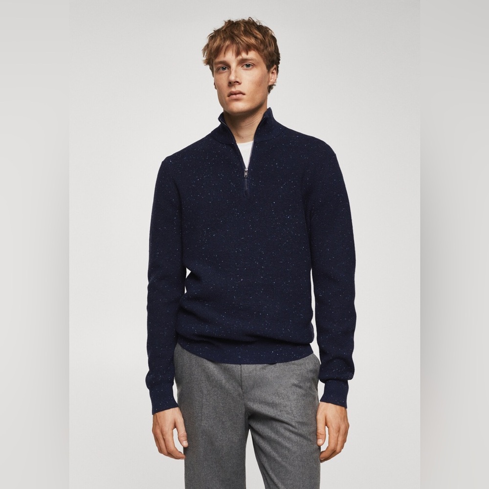 NWT Mango Outlet Blue Wool Zip Up Sweater with Ribbed Collar